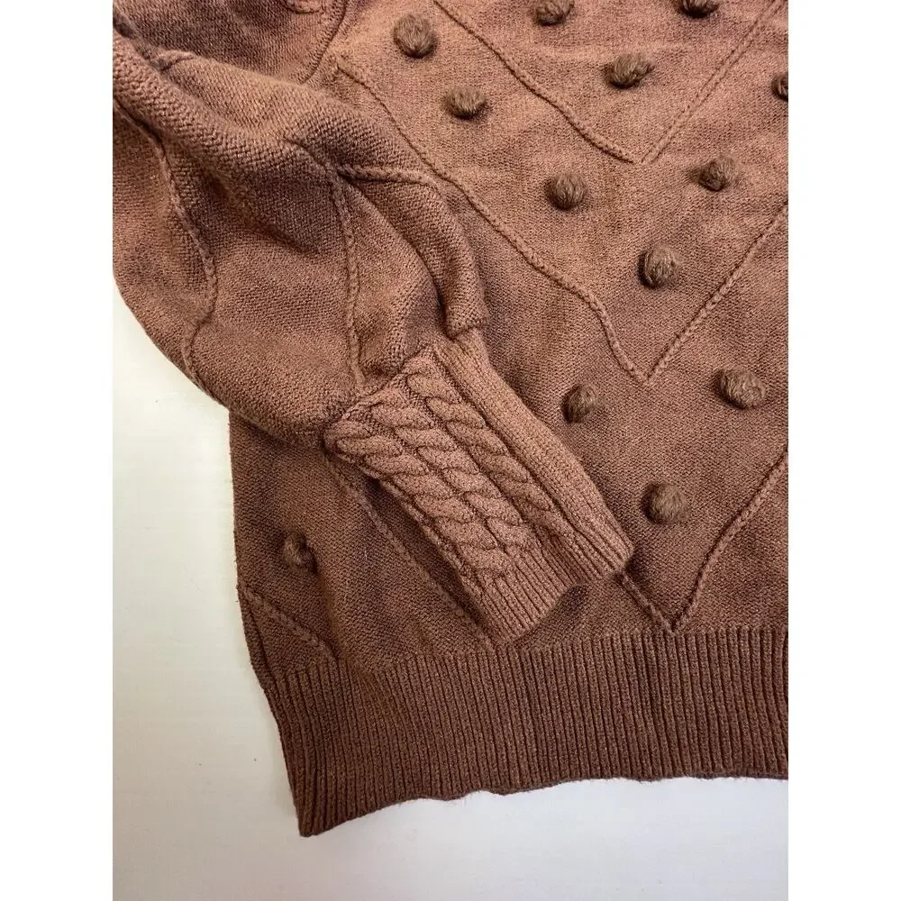 Simplee Sweater Women Small Brown Ball Embellishment Lantern Sleeves Work School